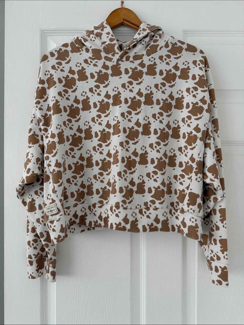 Simply Southern Cropped Hoodie Sweater in White and Brown Cow Print